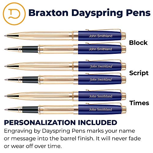 Dayspring Pens Personalized Braxton Ballpoint and Rollerball Pen Set - Blue. Real 18krt Gold Plated Gift Set for a Man or Women, Custom Engraving is Included. Comes in Pen Case