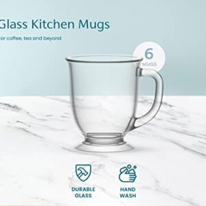 Kook Glass Coffee Mugs, with Handles, Clear Tea Cups, for Drinking Hot Beverages, Latte, Cappuccino, Espresso, Large Capacity, 15 oz, Set of 6