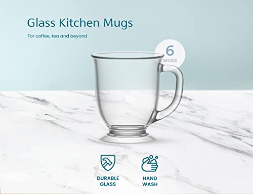 Kook Glass Coffee Mugs, with Handles, Clear Tea Cups, for Drinking Hot Beverages, Latte, Cappuccino, Espresso, Large Capacity, 15 oz, Set of 6