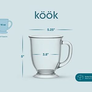 Kook Glass Coffee Mugs, with Handles, Clear Tea Cups, for Drinking Hot Beverages, Latte, Cappuccino, Espresso, Large Capacity, 15 oz, Set of 6