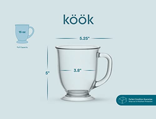Kook Glass Coffee Mugs, with Handles, Clear Tea Cups, for Drinking Hot Beverages, Latte, Cappuccino, Espresso, Large Capacity, 15 oz, Set of 6