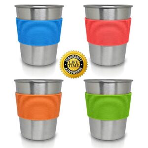 Stainless Steel Cups for Kids and Toddlers 8 oz. with Silicone Sleeves - Small Metal Cups for Home & Outdoor Activities, BPA Free Healthy Unbreakable Premium Metal Drinking Glasses (4-Pack)