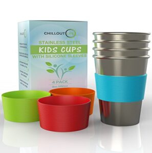 stainless steel cups for kids and toddlers 8 oz. with silicone sleeves - small metal cups for home & outdoor activities, bpa free healthy unbreakable premium metal drinking glasses (4-pack)