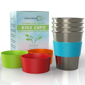 Stainless Steel Cups for Kids and Toddlers 8 oz. with Silicone Sleeves - Small Metal Cups for Home & Outdoor Activities, BPA Free Healthy Unbreakable Premium Metal Drinking Glasses (4-Pack)