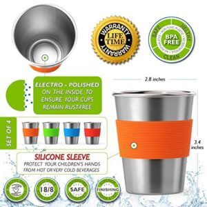 Stainless Steel Cups for Kids and Toddlers 8 oz. with Silicone Sleeves - Small Metal Cups for Home & Outdoor Activities, BPA Free Healthy Unbreakable Premium Metal Drinking Glasses (4-Pack)