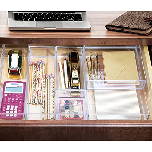 mDesign Plastic Square Desk Organizer Tray for Home Office, Drawers, Desktop, Holder for Pens, Paper Clips, Office Supply Accessory - Lumiere Collection - 6 Pack - Clear