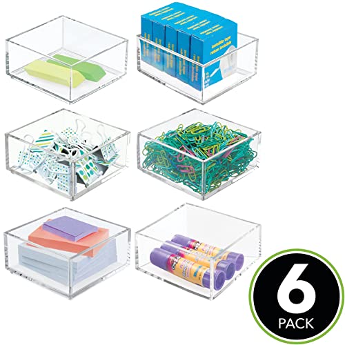 mDesign Plastic Square Desk Organizer Tray for Home Office, Drawers, Desktop, Holder for Pens, Paper Clips, Office Supply Accessory - Lumiere Collection - 6 Pack - Clear