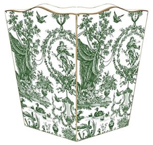 marye-kelley green toile wastepaper basket with scalloped top