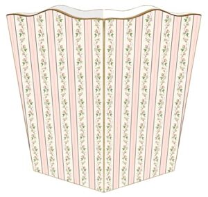 marye-kelley dainty rose stripe handmade wood scalloped top wastepaper basket for bedroom, bathroom, kitchen, office, made in the usa