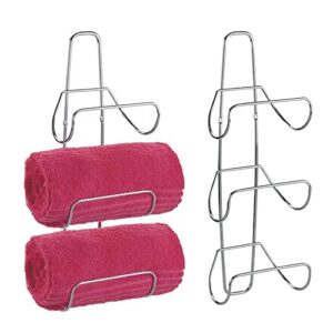 mdesign metal wall mount 3 level bathroom towel rack holder & organizer - for storage of towels, washcloths, hand towels, robes - 2 pack - chrome