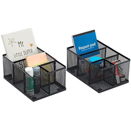 MyGift Modern Black Metal Mesh Desk Office Supplies Organizer Caddy with 4 Storage Compartments, Set of 2