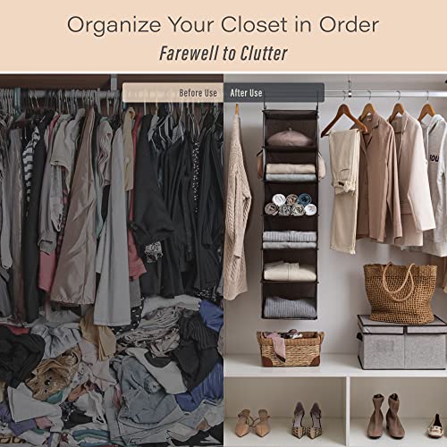 StorageWorks 6-Shelf Hanging Closet Organizer, Hanging Shelves for Closet, Fabric, Mixing of Brown and Gray, 12" D x 12" W x 47 ¾" H