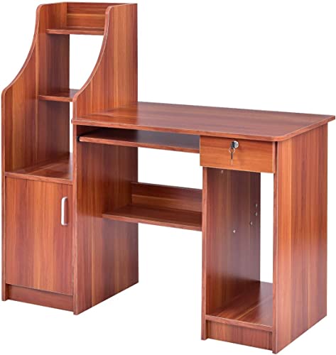 Tangkula Computer Desk with Storage Cabinet & Drawer, Wood Frame Home Office Desk with Pull-Out Keyboard Tray, Computer Workstation with Hutch Storage Bookshelf & CPU Compartment, Study Writing Table