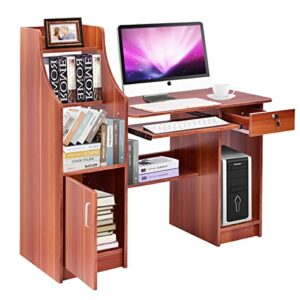 Tangkula Computer Desk with Storage Cabinet & Drawer, Wood Frame Home Office Desk with Pull-Out Keyboard Tray, Computer Workstation with Hutch Storage Bookshelf & CPU Compartment, Study Writing Table