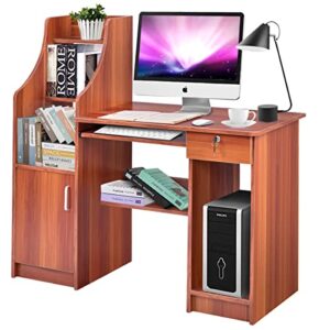 Tangkula Computer Desk with Storage Cabinet & Drawer, Wood Frame Home Office Desk with Pull-Out Keyboard Tray, Computer Workstation with Hutch Storage Bookshelf & CPU Compartment, Study Writing Table