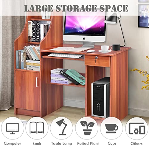 Tangkula Computer Desk with Storage Cabinet & Drawer, Wood Frame Home Office Desk with Pull-Out Keyboard Tray, Computer Workstation with Hutch Storage Bookshelf & CPU Compartment, Study Writing Table