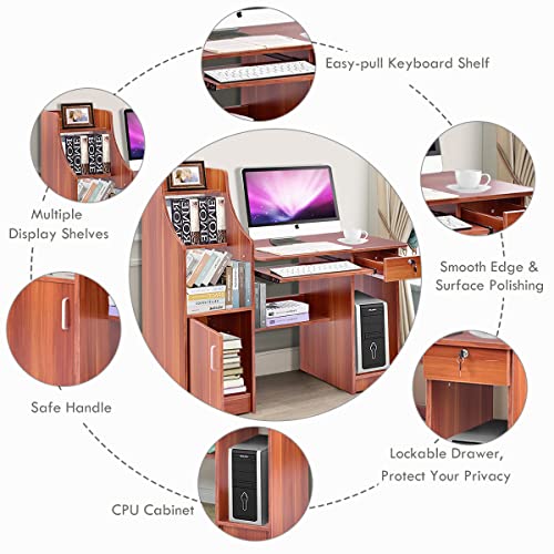 Tangkula Computer Desk with Storage Cabinet & Drawer, Wood Frame Home Office Desk with Pull-Out Keyboard Tray, Computer Workstation with Hutch Storage Bookshelf & CPU Compartment, Study Writing Table