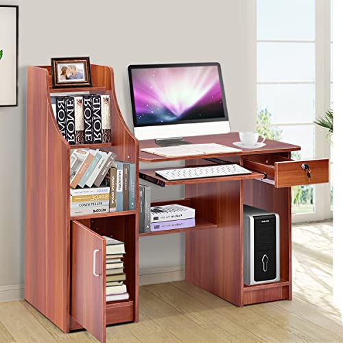 Tangkula Computer Desk with Storage Cabinet & Drawer, Wood Frame Home Office Desk with Pull-Out Keyboard Tray, Computer Workstation with Hutch Storage Bookshelf & CPU Compartment, Study Writing Table