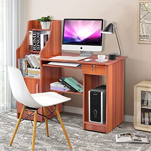 Tangkula Computer Desk with Storage Cabinet & Drawer, Wood Frame Home Office Desk with Pull-Out Keyboard Tray, Computer Workstation with Hutch Storage Bookshelf & CPU Compartment, Study Writing Table