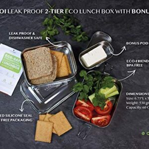 ecozoi Leak Proof Stainless Steel Lunch Box, 3-in-1 Eco Bento Box | Redesigned Silicone Seal + Bonus Lunch Pod | Sustainable Tiffin Eco Friendly Metal Bento Box Food Storage Containers