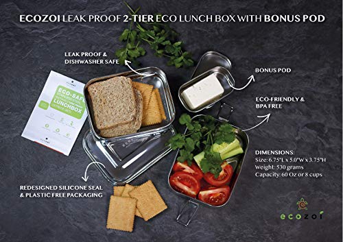 ecozoi Leak Proof Stainless Steel Lunch Box, 3-in-1 Eco Bento Box | Redesigned Silicone Seal + Bonus Lunch Pod | Sustainable Tiffin Eco Friendly Metal Bento Box Food Storage Containers