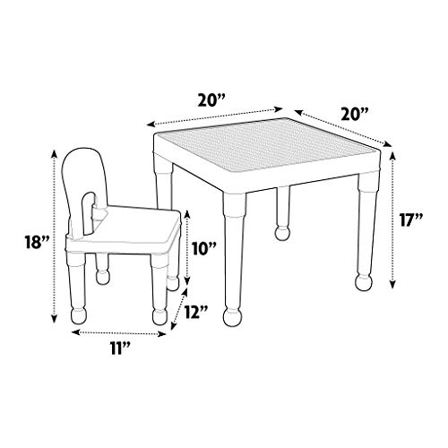 Humble Crew, White/Blue/Red Kids 2-in-1 Plastic Building Blocks-Compatible Activity Table and 2 Chairs Set, Square, Toddler