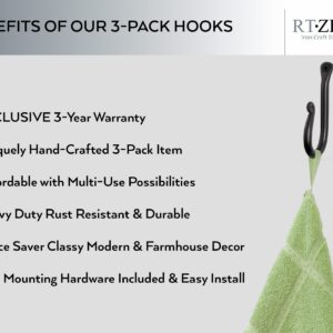 RTZEN Wall Mount J Hook - Wrought Iron Decorative Wall Hooks for Hanging Things - Handcrafted Classic Wall Mounted Black Coat Hooks - Farmhouse Towel Hooks Robe Hooks or Hat Hooks - 3 Pack