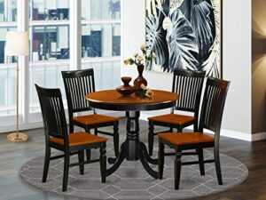 east west furniture antique 5 piece set includes a round kitchen table with pedestal and 4 dining room chairs, 36x36 inch, black & cherry