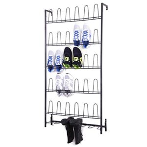 mygift wall mounted black metal shoe organizer rack, boots, slippers, sneakers hanging vertical heavy duty rack, holds 18 pairs of shoes