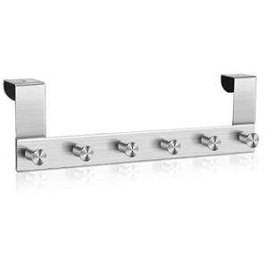 flexzion over the door hooks organizer stainless steel - removable door hanger holder rack with 6 hooks for bathroom bedroom kitchen home cubicle cabinet closet clothes coat hat belt bag and towel