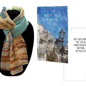 Smiling Wisdom - Retirement Journey Goodbye Greeting Card - Wherever You Go, Go with All Your Heart Gift Set - Chiffon Viscose Scarf - Woman Coworker Grad - Tan Blue Multi-colored (City)