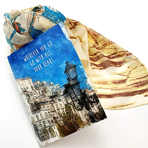 Smiling Wisdom - Retirement Journey Goodbye Greeting Card - Wherever You Go, Go with All Your Heart Gift Set - Chiffon Viscose Scarf - Woman Coworker Grad - Tan Blue Multi-colored (City)