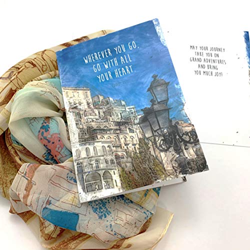 Smiling Wisdom - Retirement Journey Goodbye Greeting Card - Wherever You Go, Go with All Your Heart Gift Set - Chiffon Viscose Scarf - Woman Coworker Grad - Tan Blue Multi-colored (City)