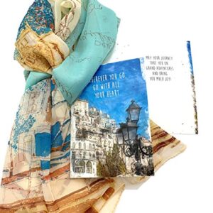 Smiling Wisdom - Retirement Journey Goodbye Greeting Card - Wherever You Go, Go with All Your Heart Gift Set - Chiffon Viscose Scarf - Woman Coworker Grad - Tan Blue Multi-colored (City)