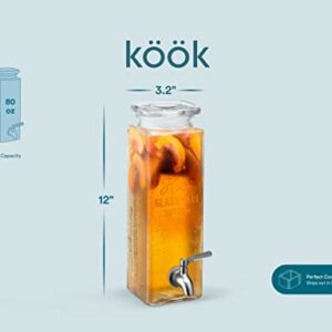 Kook Glass Drink Dispenser, with Leak-Proof Stainless Steel Spigot, Clear Rectangular Mason Jar, Beverage Storage for Fridge, for Water, Iced Tea, Sangria, Lemonade, 80 oz (1)
