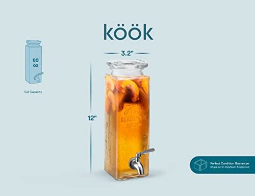 Kook Glass Drink Dispenser, with Leak-Proof Stainless Steel Spigot, Clear Rectangular Mason Jar, Beverage Storage for Fridge, for Water, Iced Tea, Sangria, Lemonade, 80 oz (1)