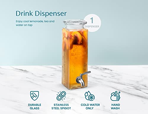 Kook Glass Drink Dispenser, with Leak-Proof Stainless Steel Spigot, Clear Rectangular Mason Jar, Beverage Storage for Fridge, for Water, Iced Tea, Sangria, Lemonade, 80 oz (1)