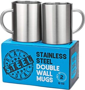 stainless steel double walled mugs: 100% bpa free,15 oz metal coffee & tea cup mug - insulated cups with handles keep drinks hot or cold longer - durable for camping - set of 2 shatter proof mugs