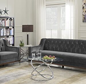 Iconic Home Clark Sofa Button Tufted Velvet Walnut Finish Swoop Arm Wood Frame with Polished Metal Legs, Modern Contemporary, Grey