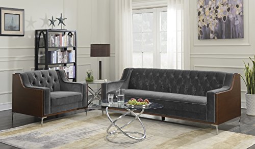 Iconic Home Clark Sofa Button Tufted Velvet Walnut Finish Swoop Arm Wood Frame with Polished Metal Legs, Modern Contemporary, Grey