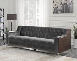 iconic home clark sofa button tufted velvet walnut finish swoop arm wood frame with polished metal legs, modern contemporary, grey