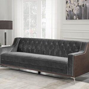 Iconic Home Clark Sofa Button Tufted Velvet Walnut Finish Swoop Arm Wood Frame with Polished Metal Legs, Modern Contemporary, Grey