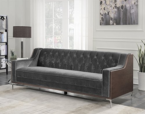 Iconic Home Clark Sofa Button Tufted Velvet Walnut Finish Swoop Arm Wood Frame with Polished Metal Legs, Modern Contemporary, Grey