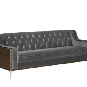 Iconic Home Clark Sofa Button Tufted Velvet Walnut Finish Swoop Arm Wood Frame with Polished Metal Legs, Modern Contemporary, Grey