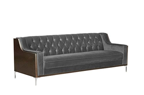 Iconic Home Clark Sofa Button Tufted Velvet Walnut Finish Swoop Arm Wood Frame with Polished Metal Legs, Modern Contemporary, Grey