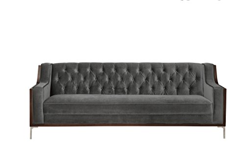 Iconic Home Clark Sofa Button Tufted Velvet Walnut Finish Swoop Arm Wood Frame with Polished Metal Legs, Modern Contemporary, Grey