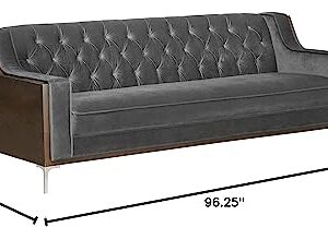 Iconic Home Clark Sofa Button Tufted Velvet Walnut Finish Swoop Arm Wood Frame with Polished Metal Legs, Modern Contemporary, Grey