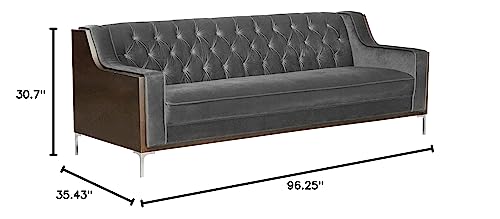 Iconic Home Clark Sofa Button Tufted Velvet Walnut Finish Swoop Arm Wood Frame with Polished Metal Legs, Modern Contemporary, Grey