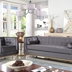 Iconic Home Dafna Club Sofa Sleek Elegant Tufted Velvet Plush Cushion Brass Finished Stainless Steel Brushed Metal Frame Couch, Modern Contemporary, Grey