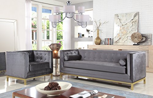 Iconic Home Dafna Club Sofa Sleek Elegant Tufted Velvet Plush Cushion Brass Finished Stainless Steel Brushed Metal Frame Couch, Modern Contemporary, Grey